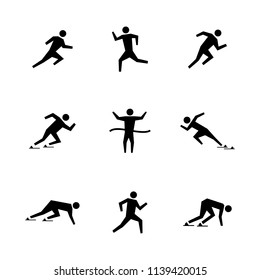 Set of stick figures. Black silhouettes of runners on a white background in various poses and positions. Flat icons people, vector illustration.