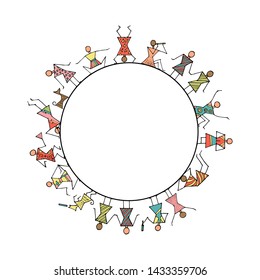 Set of stick figures in a circle. People lifestyle. Cartoon icons set. Hand drawn vector illustration isolated on white