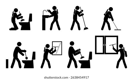 Set of stick figures, cleaning in the bathroom, flat vector illustration.