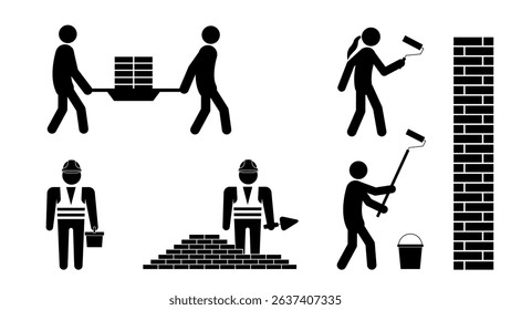 Set of stick figures, construction and repair, flat vector illustration.