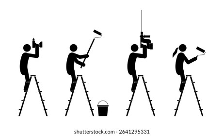 Set of stick figures, construction and repair. Work on the stairs, flat vector illustration.