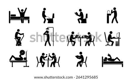 Set of stick figures, daily routine by actions, flat vector illustration.
