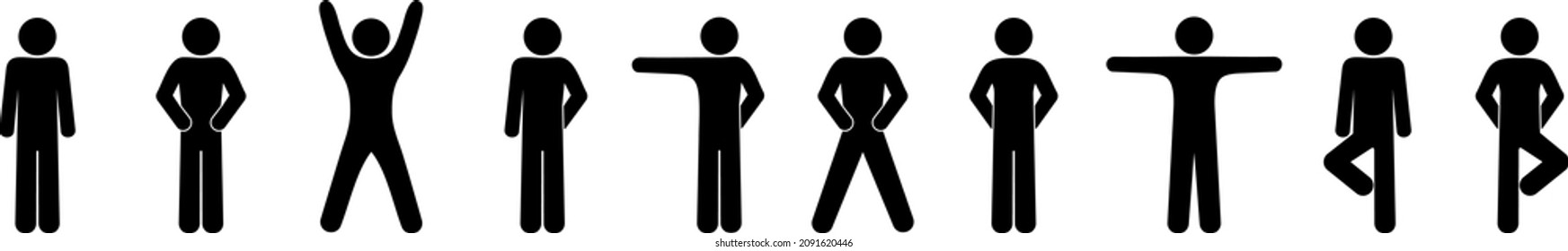 Set of stick figures with different poses, human icon symbol, man waving his hands. Simple flat vector illustration.