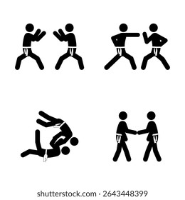 Set of stick figures, karate martial art, black silhouettes on white background, flat vector illustration.