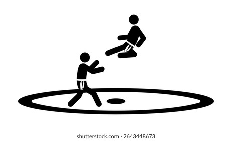 Set of stick figures, karate martial art, black silhouettes on white background, flat vector illustration.