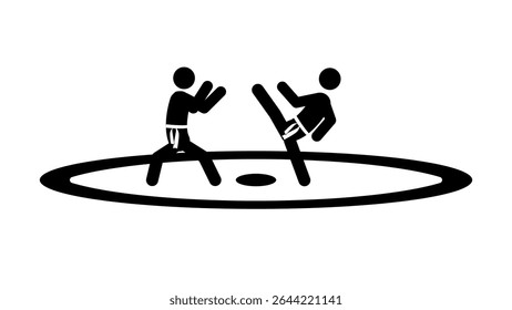 Set of stick figures, karate martial art, black silhouettes on white background, flat vector illustration.