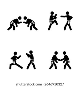 Set of stick figures, karate martial art, black silhouettes on white background, flat vector illustration.
