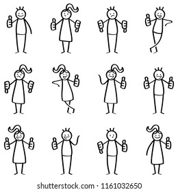 Set of stick figures, stick people giving thumbs up, thumbs down, approving, disapproving, gestures, hand signs, isolated on white background