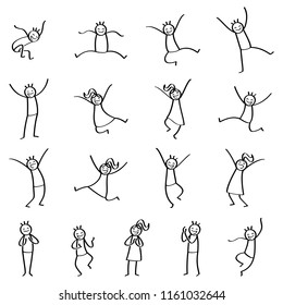 Set of stick figures, stick people jumping, happy men and women smiling and laughing isolated on white background