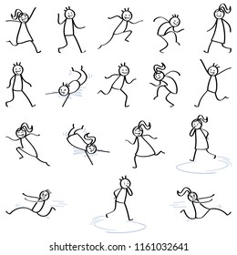 Set of stick figures, stick people running, walking, falling, happy men and women smiling and laughing isolated on white background