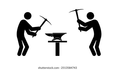 Conjunto de figuras de palo con picos, siluetas de hombre negro sobre un fondo blanco. Concepto de trabajo en equipo, Ilustración vectorial.