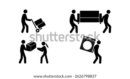 Set of stick figures, professional movers and parcel delivery, flat vector illustration.