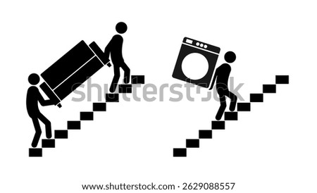 Set of stick figures, professional movers and parcel delivery, flat vector illustration.