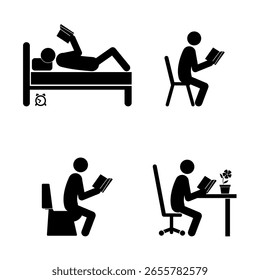 Conjunto de figuras de palo, leyendo un libro en diferentes lugares sobre un fondo blanco, Ilustración vectorial plana.