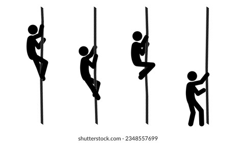Set of stick figures rope climbing on a white background. Flat style, vector illustration.