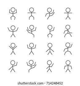 Set of stick figures from thin line, black mens silhouettes on a white background in various poses and positions, the icons people, vector illustration.