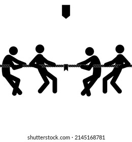 Set Of Stick Figures Tug Of War On A White Background. Flat Style, Vector Illustration.