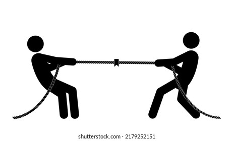 Set of stick figures tug of war on a white background. Flat style, vector illustration.