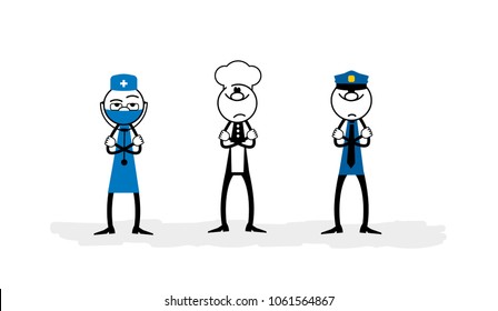 Set of stick man , folded arms. Doctor and chef cooking and police man.