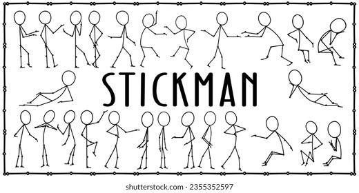 Set of Stick man vectors. Figure drawing with different actions, characters. Sketch drawing people. Vector illustration.
