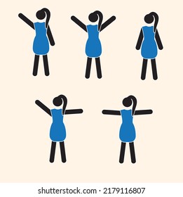 set of stick man woman hand movement, sports, gymnastics, human figure sketch in different poses, isolated on beige background