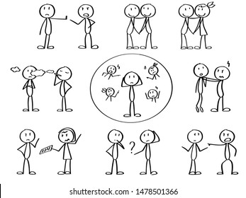 Set of stick men managing stress and pressure from other people. Abused characters solving communication problems. 