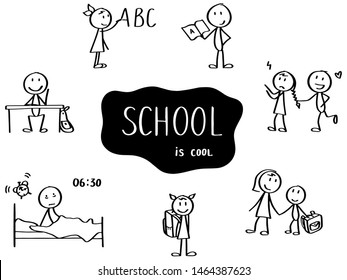 Set of stick men. School topic - reading book, writing ABC on the chalkboard, playing, waking up and going school. Funny hand drawn characters. Simple doodle style. 