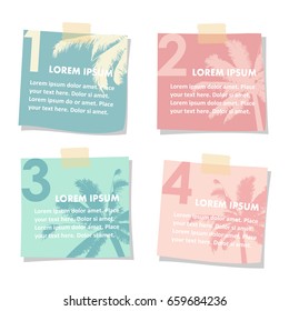 Set of stick notes papers with silhouette of palm trees. Tropical summer design. Vector illustration isolated on white background. 