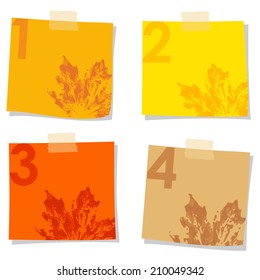 Set of stick notes papers with watercolor prints of leaves, vector illustration isolated on white background 