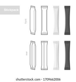 Set of stick pack for products of the food and cosmetic industry on white background. Realistic and contour vector illustration. Possibility use for granulated, powder products. Coffee, 3 in 1, sugar.