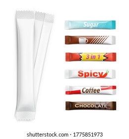 Set of stick pack for products of the food and cosmetic industry on white background. Realistic and contour vector illustration. Possibility use for granulated, powder products. Coffee, 3 in 1, sugar.