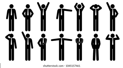 Set  of stick people in different poses isolated on white background. Simple design stick figures. Black and white Icon or logo. Flat style vector illustration.