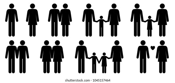 Set  of stick people in different poses isolated on white background. Different types of families. Simple design stick figures. Black and white Icon or logo. Flat style vector illustration.