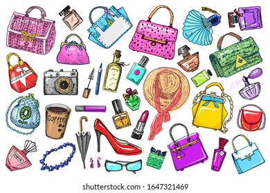 Set of Sticker accessories for girls. Bags and Perfumes, shoes and coffee. Women Collection. Hand drawn engraved vintage sketch, items in doodle style. Patch for notebooks or posters, flat lay, web.