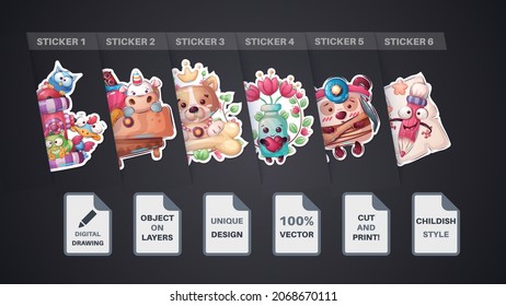 Set sticker - bird, unicorn, dog, bone, bottle, bear, pencil, tulip,