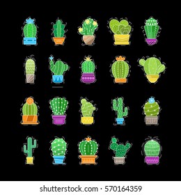 Set sticker of cacti in pots, flat style. 