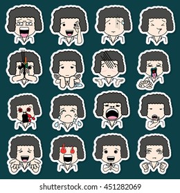 Set of sticker cartoon character different facial expressions. boy face emotions vector icons isolated on background