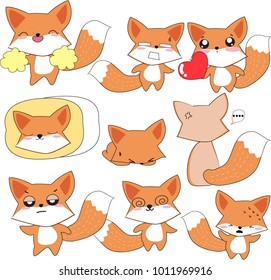 Set sticker cartoon comic,cute happy smile spring summer baby fox wolf or Siberian huskey dog,icon emoji emotional,for card background,animal pattern vector,by freehand drawing doodle art illustration