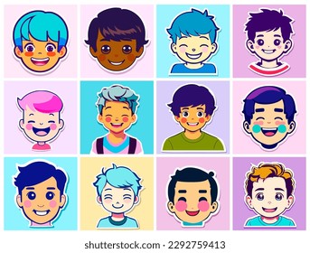 Set of sticker in cartoon style in the shape of cute boys heads with smiles on their faces. People of different races with various hair and skin colors. Simple flat design.