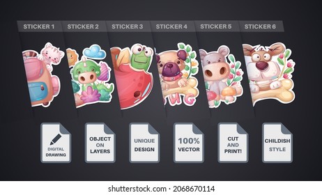 Set sticker - cat, briefcase, crocodile, alligator, worm, apple, dog, hippo, bone,
