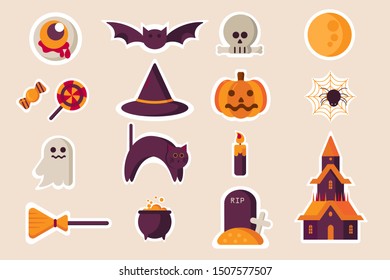 set of sticker characters Halloween theme with eye, bat, skull, moon, candy, hat, pumpkin, spider, web, ghost, cat, candle light, broom, boiled pot, grave and castle flat vector illustration.