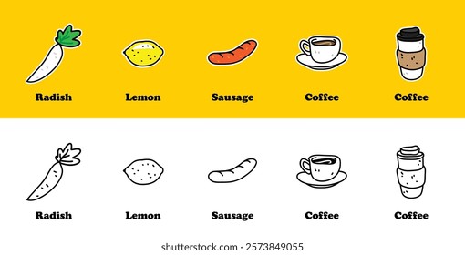 Set Sticker Collection Chart Drink Beverage Food Meat Vegetable Fruit 
Drawing Cartoon Doodle Sketch Illustration Hand Drawn Freehand 