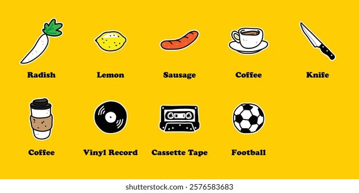 Set Sticker Collection Chart Kitchen Utensil Sports Music Drink Beverage Food Meat Vegetable Fruit 
Drawing Cartoon Doodle Sketch Illustration Hand Drawn Freehand 