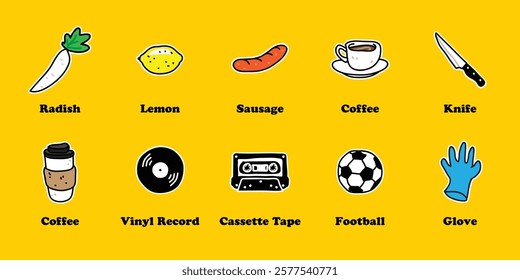 Set Sticker Collection Chart Kitchen Utensil Sports Music Drink Beverage Food Meat Vegetable Fruit 
Drawing Cartoon Doodle Sketch Illustration Hand Drawn Freehand 