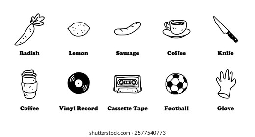 Set Sticker Collection Chart Kitchen Utensil Sports Music Drink Beverage Food Meat Vegetable Fruit 
Drawing Cartoon Doodle Sketch Illustration Hand Drawn Freehand 