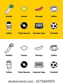 Set Sticker Collection Chart Sports Music Drink Beverage Food Meat Vegetable Fruit 
Drawing Cartoon Doodle Sketch Illustration Hand Drawn Freehand