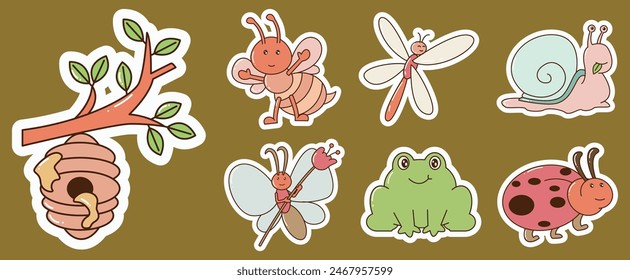 Set of Sticker Cute Insect Character Illustrations. Cartoon and Handdrawn Style Spring and Nature