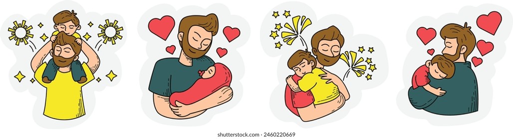 Set of Sticker Daddy Character Illustrations. Cartoon and Handdrawn Style Father's Day