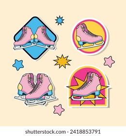 set of sticker designs Pink roller skates with laces. Unisex shoes for ice hockey. Winter entertainment. Accessories for figure skating.stickers. Color vector poster. Ice skating concept