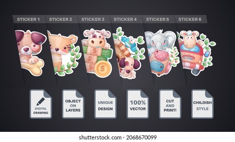 Set sticker - dog, puppy, tiger, car, sheep, lamb, cow, money, coin, bird, elephant, school